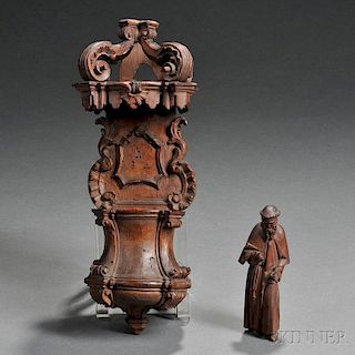 Carved Fruitwood Font and Monk Figure