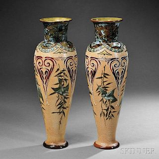 Pair of Doulton Lambeth Florence Barlow Decorated Stoneware Vases