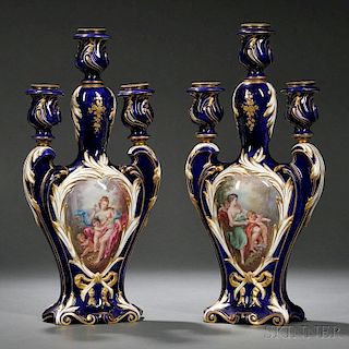 Pair of Sevres Porcelain Hand-painted Three-light Candelabra