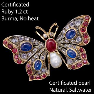 CERTIFICATED NATURAL SALTWATER PEARL, RUBY SAPPHIRE AND DIAMOND BUTTERFLY BROOCH