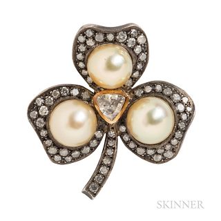 Golden Cultured Pearl and Diamond Clover Brooch