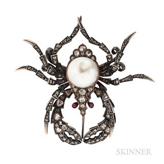 Antique Natural Pearl and Diamond Insect Brooch