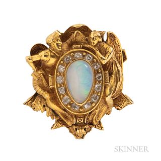 Gothic Revival 18kt Gold, Opal, and Diamond Brooch