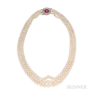 Three-strand Pearl, Pink Sapphire, and Diamond Necklace