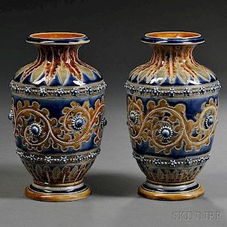 Pair of Doulton Lambeth George Tinworth Stoneware Vases