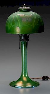 Tiffany Studios Engraved Green Favrile Glass Palm Desk Lamp