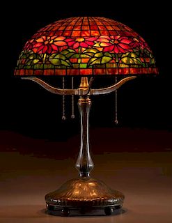 Tiffany Studios Leaded Glass Poinsettia Bronze Ribbed Mushroom Table Lamp
