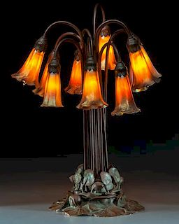 Tiffany Studios Bronze and Favrile Glass Ten-Light Lily Lamp