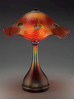 Charles Lotton Iridescent Ruby and Gold Glass Peacock Lamp