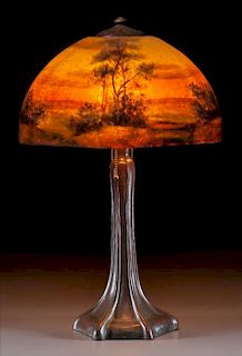 Handel Reverse Painted Glass Hexagonal Evening Landscape Bronze Table Lamp