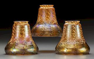 Three Iridescent Quezal Art Glass Lamp Shades