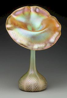 Quezal Jack in the Pulpit Iridescent Glass Featherpull Vase