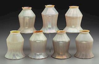 Seven Steuben-Style Iridescent Aurene Glass Lamp Shades