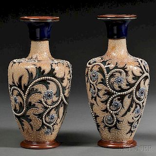 Pair of Royal Doulton George Tinworth Decorated Stoneware Vases
