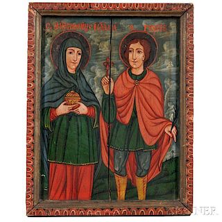 Eastern European School, 19th Century      Devotional Painting with Two Saints, Possibly St. George and Mary Magdalene