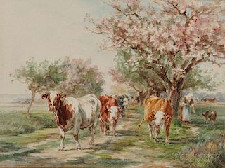 Marie Dieterle (French, 1856-1935)      Cows on a Path Lined with Flowering Trees