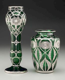 Two Austrian Silver Overlay and Green Glass vases