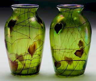 Pair of Austrian Iridescent Green Glass Foliate Vases