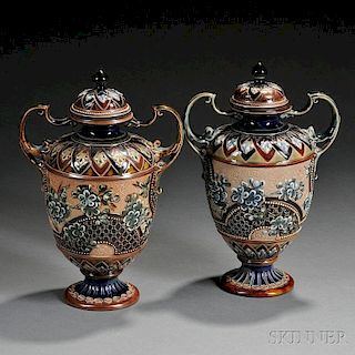 Pair of Doulton Lambeth Eliza Simmance Decorated Stoneware Vases and Covers