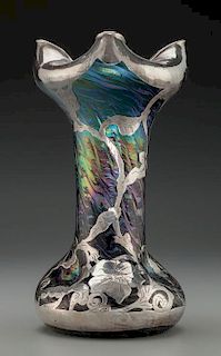 An Austrian La Pierre Silver Overlay and Striated Iridescent Glass Vase attributed to Rindskopf