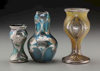Three Austrian La Pierre Silver Overlay and Iridescent Glass Vases attributed to Loetz