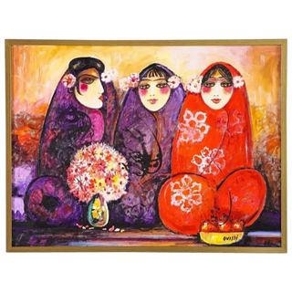 Nasser Ovissi, 'Iranian, Born 1934' "Three Seated Girls" Oil on Canvas Painting