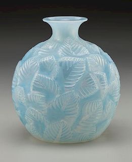 R. Lalique Opalescent Glass Ormeaux Vase with Light Blue Patina
