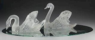 Pair of Lalique Clear and Frosted Glass Cygne Tete Droite and Cygne Tete Penchee on Mirror Plateau