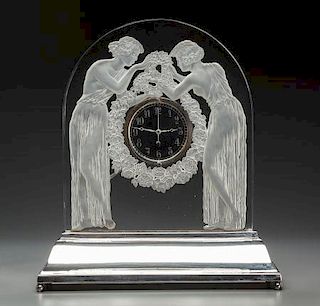 R. Lalique Clear and Fosted Glass Deux Figurines Clock on Illuminated Base