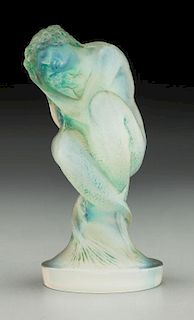 R. Lalique Opalescent Glass Sirene Mascot with Green Patina