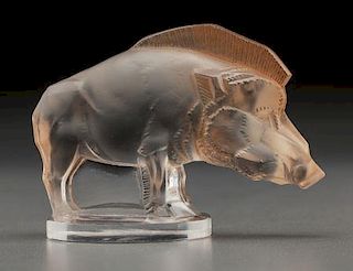 R. Lalique Frosted Glass Sanglier Mascot with Sepia Patina