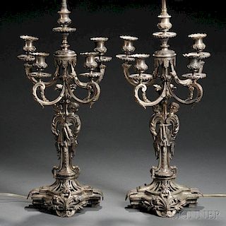 Pair of Louis XV-style Silvered-bronze Five-light Candelabra