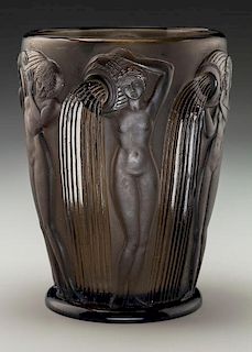 R. Lalique Clear and Frosted Deep Amber Glass Danaides Vase