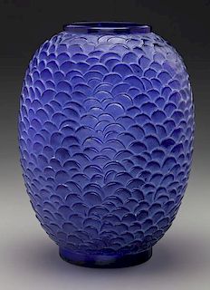 R. Lalique Peacock Blue Glass Ecailles Vase