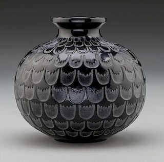 R. Lalique Black Glass Grenade Vase with White Patina