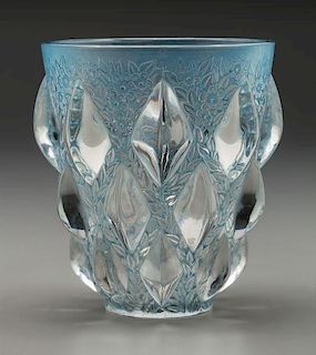 R. Lalique Clear Glass Rampillon Vase with Blue Patina