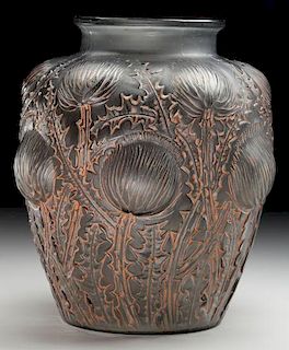 R. LALIQUE GREY GLASS DOMREMY VASE WITH SALMON PATINA