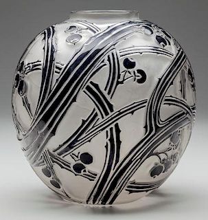 R. Lalique Frosted Glass Baies Vase with Black Enamel