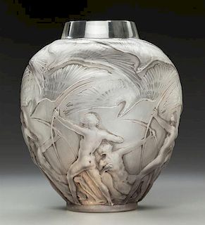 R. Lalique Frosted Glass Archers Vase with Grey Patina