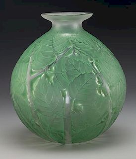 R. Lalique Milan Clear Glass Vase with Green Patina
