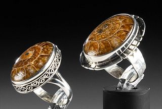 2 Silver Rings w/ Fossilized Ammonites
