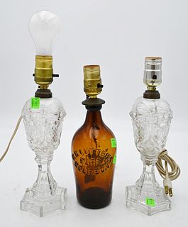  Three Piece Lamp Lot, to include a R.B. Cutter's Pure Bourbon bottle made into a lamp, along with a pair of lamps, height 9 inches.