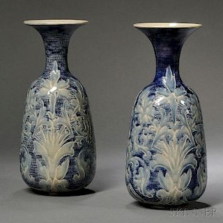 Pair of Doulton Lambeth Frank Butler Decorated Stoneware Vases