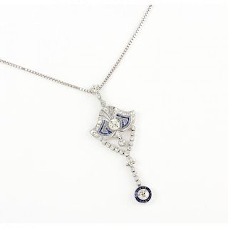 Art Deco Platinum, Diamond, and Sapphire Lavalier with 14KT Gold Chain