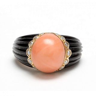 18KT Coral, Onyx, and Diamond Ring, French