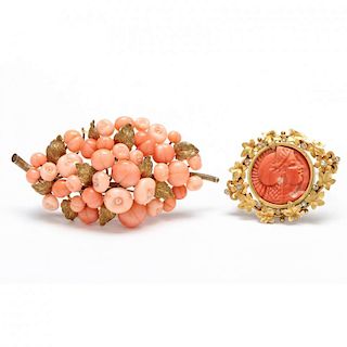 Two Antique Gold and Coral Brooches