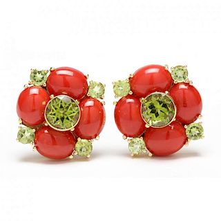 Pair of 14KT Coral and Peridot Ear Clips, Maz