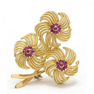 18KT Gold and Ruby Brooch, signed