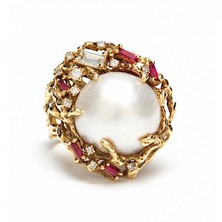 18KT Pearl, Ruby, and Diamond Ring, Arthur King
