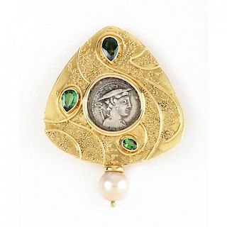 18KT Tourmaline, Pearl, and Ancient Coin Brooch, Elizabeth Gage